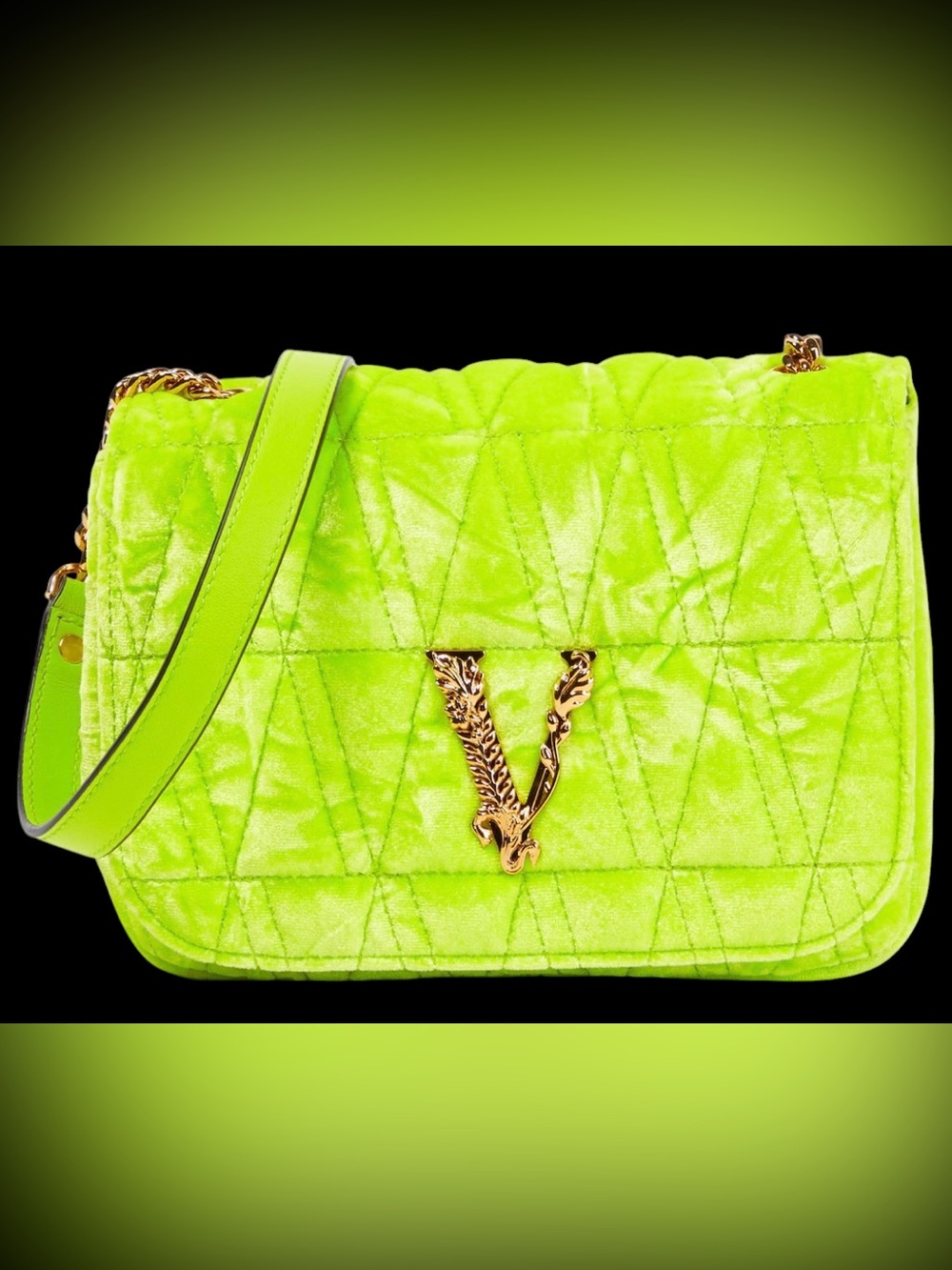 Versace NWT Neon Lime Quilted Velvet Shoulder Bag with Gold V Logo